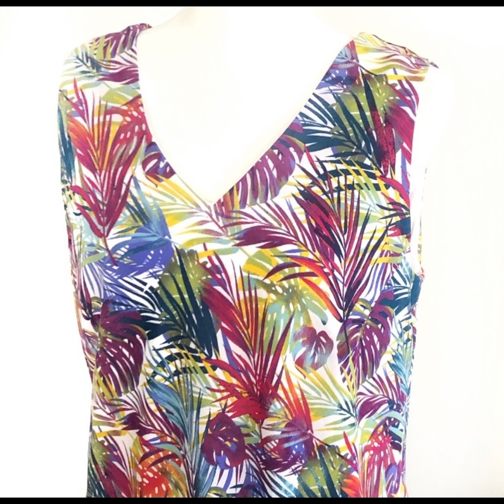 Jessica London Sleeveless Tropical Palm Leaves V Neck Plus Dress